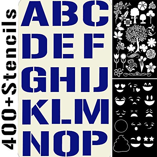 Product Cover 400 Stencils Set Alphabet Letters Numbers for Art and Craft, Christmas Cards, Face Paint, Bullet Journal Writing, Doodle Drawing, Decorate Fabric Wood Rock Glass - Reusable Stencil 20 Sheets 4x7 inch