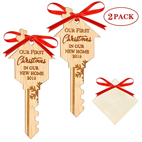 Product Cover WAVEJOEY 2019 Christmas Ornament Our First Christmas in Our New Home Wooden Key Shape Housewarming Gift Xmas Tree Decoration 2 Pack