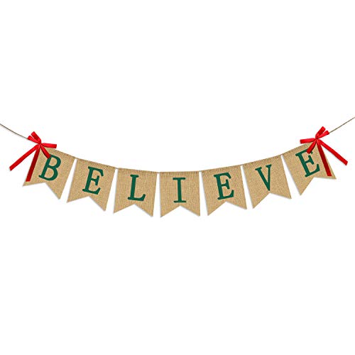 Product Cover Believe Burlap Banner - Rucitc Holiday Banner Garland - Perfect for Christmas Decoration Xmas Party Decor
