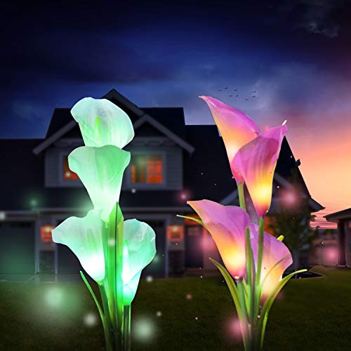 Product Cover Solar Garden Lights Outdoor, 2 Pack Solar Powered Lights with 8 Lily Flower, Multi-Color Changing LED Solar Stake Lights for Garden, Patio, Backyard (White/Purple)