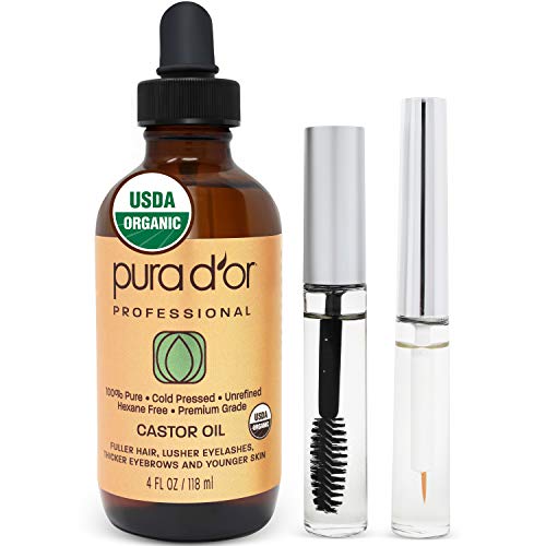 Product Cover PURA D'OR Castor Oil (4oz) 100% Pure Natural USDA Organic Carrier Oil for Body, Hair Growth, Eyebrows, Eyelashes - Cold Pressed Hexane Free Oil to Moisturize & Heal Dry Skin With Bonus Brush Kits