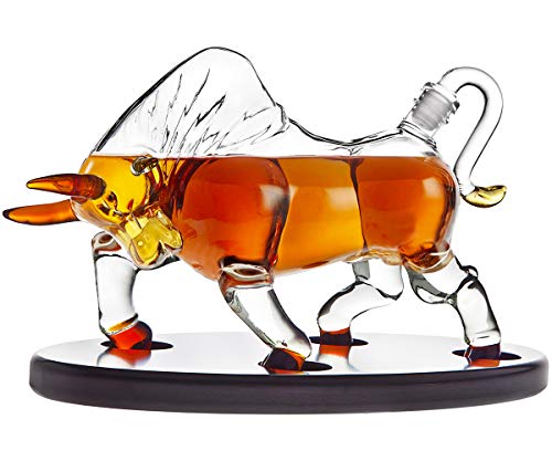 Product Cover Animal Whiskey Decanter Bull On Wooden Display Tray - For Liquor Scotch Vodka or Wine - 500ml