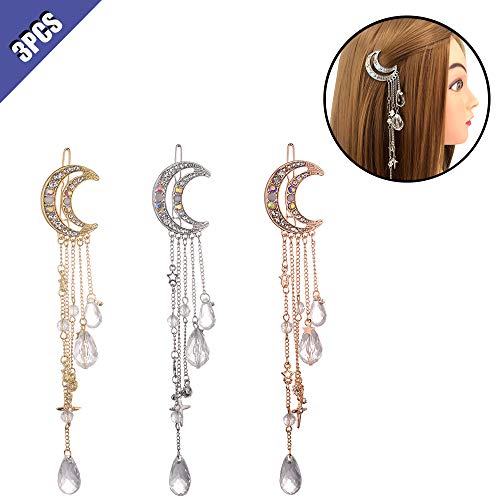 Product Cover Ximimark 3Pcs Moon Crystal Rhinestone Beads Dangle Hairpin Hair Clip Women Bridal Hair Accessories Tassels Hairpin Silver&Gold&Rose Gold
