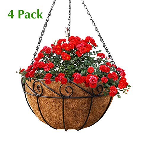 Product Cover Metal Hanging Planter Basket with Coco Liner, 4 Pack, 14 in Diameter, Hanging Flower Pot, Round Wire Plant Holder, Watering Basket, Chain Porch Decor, for Lawn, Patio, Garden, Deck