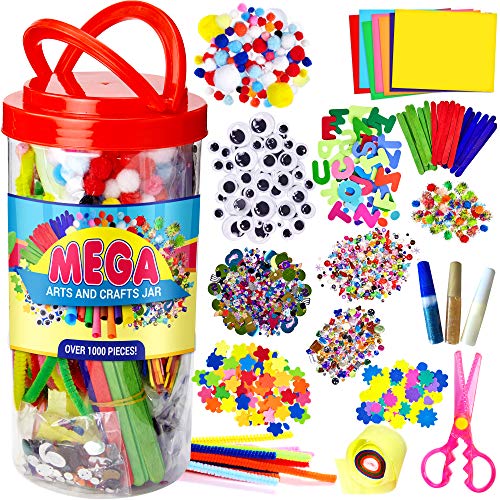 Product Cover Mega Kids Art Supplies Jar - Over 1,000 Pieces of Colorful and Creative Arts and Crafts Materials - Glue, Safety Scissors, Pompoms, Popsicle Sticks, Pipe Cleaners and Loads More - The Original Art Jar