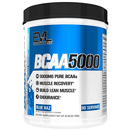 Product Cover Evlution Nutrition BCAA5000 Powder 5 Grams of Branched Chain Amino Acids (BCAAs) Essential for Performance, Recovery, Endurance, Muscle Building, Keto Friendly, No Sugar (90 Servings, Blue Raz)
