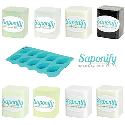 Product Cover Saponify Melt and Pour Soap Base Sampler Kit (8 lbs) | Shea Butter, Clear, Aloe, Olive Oil, Charcoal, Avocado Butter & White (1 lb ea), Silicone Mold | Variety Pack 1