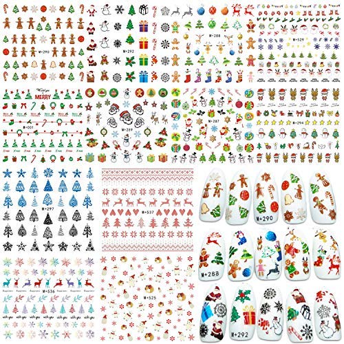 Product Cover Whaline 12 Sheets Christmas Nail Art Water Transfer Stickers Santa Claus Reindeer Xmas Tree Decals for Women Girls Kids Manicure DIY or Nail Salon
