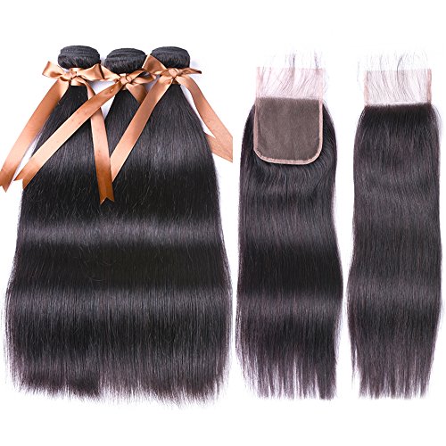 Product Cover ALLRUN Straight Hair Bundles with Closure(20 22 24+18 Closure)100% Brazilian Straight Virgin Hair 3 Bundles with Lace Closure Free Part Human Hair Extensions Natural Black Color