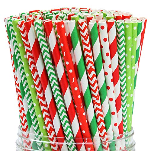 Product Cover Cooraby 200 Pieces Christmas Paper Straws Biodegradable Drinking Stripe Bicolor Stripe Dot Chevron Straw Mix for Wedding Supplies and Party Favors, 8 Style (Red and Green)