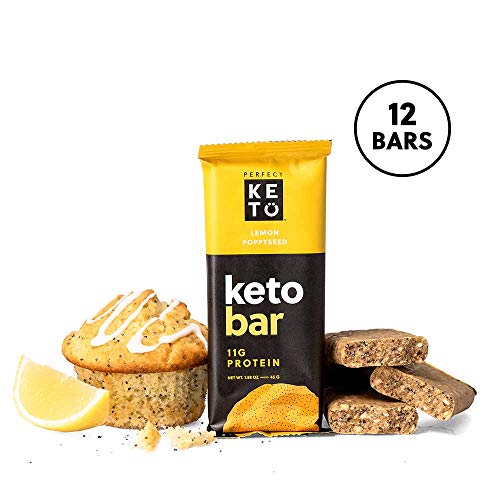 Product Cover Perfect Keto Protein Snacks - Box of 12 Bars - Low Carb Diet Friendly with Coconut Oil, Collagen, No Added Sugar - Sweet Treat in Lemon Poppyseed Flavor - Individual Packs for Travel, Hiking