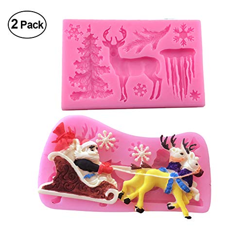 Product Cover 2 Pcs Silicone Cake Mould Chocolate Fondant Mold Soap Molds DIY Baking Molds with Christmas Symbols Santa Claus, Snowflakes, Elk, Christmas Tree for Cake Decoration
