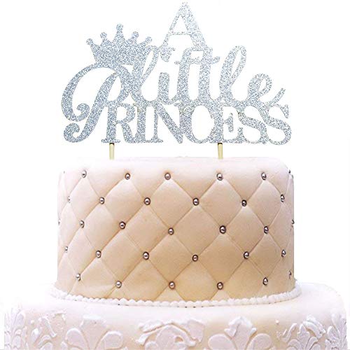 Product Cover A Little Princess with Crown Cake Topper for Girl Baby Shower, Birthday, Wedding Party Decorations Silver Glitter