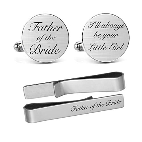 Product Cover MUEEU Father of The Bride Cufflinks Keepsake Gifts Engraved I Will Always Be Your Little Girl Dad Father Tie Bar (Round Father of The Bride Cufflinks)