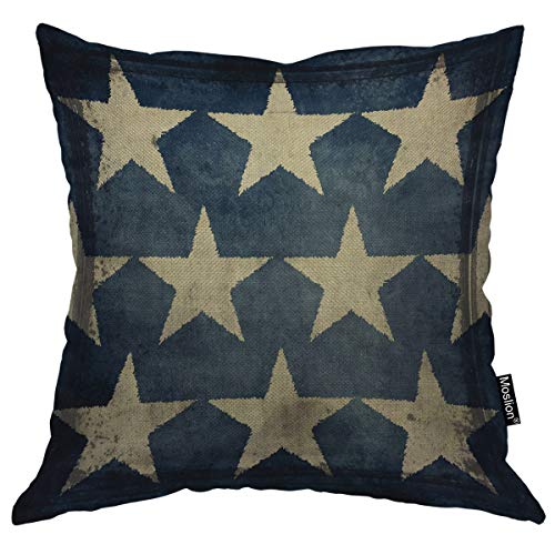 Product Cover Moslion Star Pillows Antique American Flag Stars Patriotic Memorial Day Fourth of July Blue Beige Throw Pillow Cover Decorative Square Accent Cotton Linen Home Pillow Case 18X18 Inch