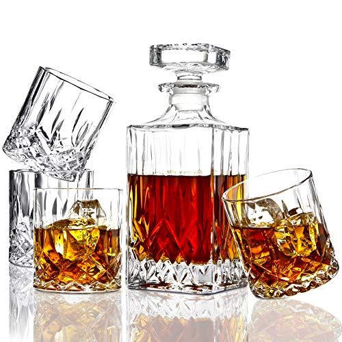 Product Cover ELIDOMC 5PC Italian Crafted Crystal Whiskey Decanter & Whiskey Glasses Set, Crystal Decanter Set With 4 Whiskey Glasses, 100% Lead Free Whiskey Glass Set