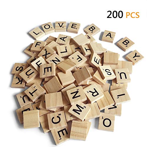 Product Cover 200PCS Scrabble Letters for Crafts - Wood Scrabble Tiles-DIY Wood Gift Decoration - Making Alphabet Coasters and Scrabble Crossword Game