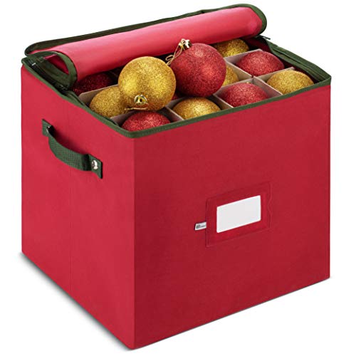 Product Cover ZOBER Christmas Ornament Storage Box with Zippered Closure - Protect & Keeps Safe Up to 64 Holiday Ornaments & Xmas Decorations Accessories, Durable Non-Woven Ornament Storage Container, Two Handles