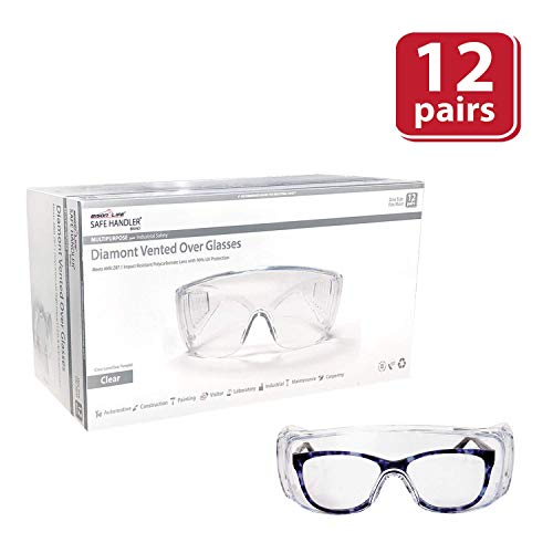 Product Cover SAFE HANDLER Diamont Vented Over Glasses 12 Pairs | Meets ANSI Z87.1, Impact Resistant Polycarbonate Lens, 99% UV Protection