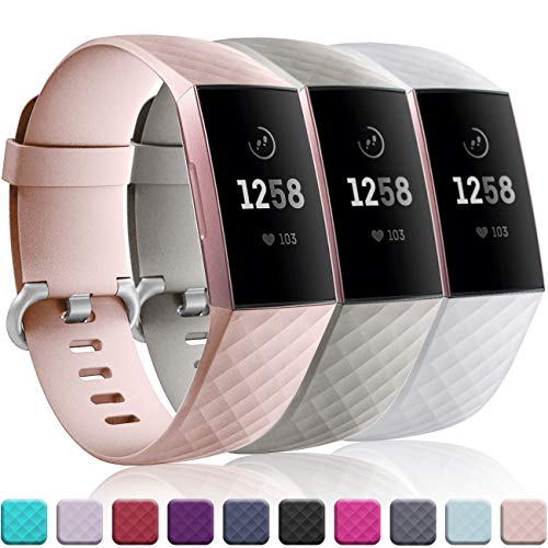 Product Cover Wepro Bands Replacement Compatible Fitbit Charge 3 for Women Men Small, 3 Pack Sports Watch Band Strap Waterproof Wristband for Fitbit Charge 3 & Charge 3 SE Fitness Tracker, Gray, Pink Sand, White