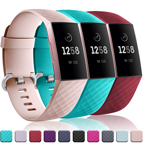 Product Cover Wepro Bands Replacement Compatible Fitbit Charge 3 for Women Men Small, 3 Pack Sports Watch Band Strap Waterproof Wristband for Fitbit Charge 3 SE Fitness Tracker, Teal, Pink Sand, Wine Red