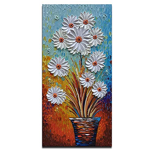 Product Cover 3D Hand Painted Painting Artwork White Daisy Flower Wall Art Vertical Wall Picture Canvas Art Framed Large Oil Painting for Living Room Bedroom Office Wall Decor(24x48inch)