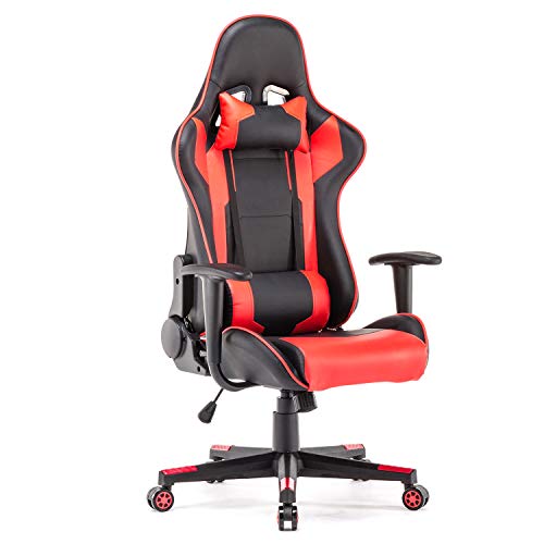 Product Cover Polar Aurora Gaming Chair Racing Style High-Back PU Leather Office Chair Computer Desk Chair Executive Ergonomic Style Swivel Chair Headrest Lumbar Support/Red