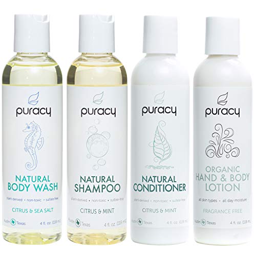 Product Cover Puracy Organic Personal Care Travel Set (4-Pack), Natural Body Wash, Shampoo, Conditioner, Lotion Gift Box