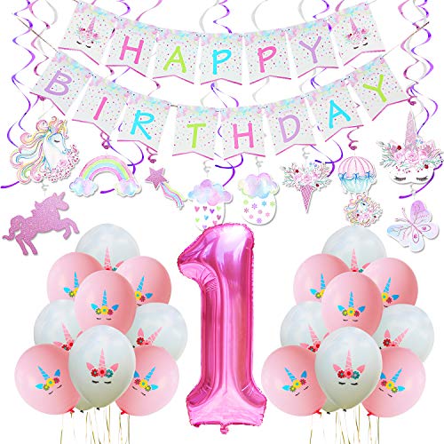 Product Cover WERNNSAI Unicorn Party Decoration Kit - Magical Unicorn Themed Party Supplies for 1st Birthday Baby Girl Including Pastel Banner, Hanging Swirl, Latex Balloon, Giant Number 