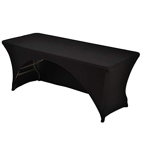 Product Cover HAORUI 6 ft. Black Rectangular Spandex Table Cover Open Back Fitted Stretch Tight Table Cloth Tradeshows Vendors