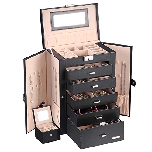 Product Cover Homde 2 in 1 Huge Jewelry Box/Organizer/Case Faux Leather with Small Travel Case, Gift for Girls or Women (Black)