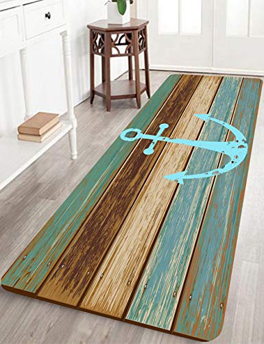 Product Cover Bathroom Rugs, Kitchen Rug Non-Slip Soft Absorbent Bath Mats with Nautical Anchor Flannel for Bathroom Kitchen and Hallway 24 inches X 71 inches Turquoise/Brown