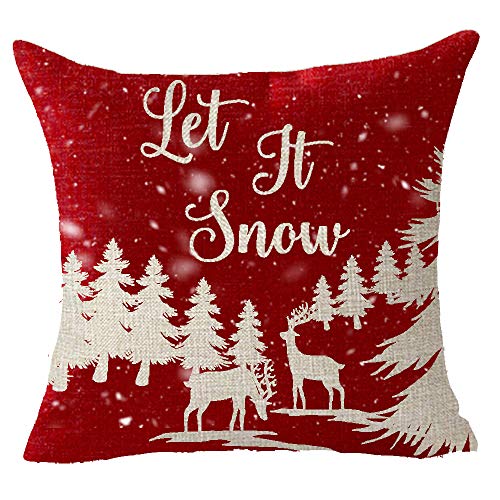 Product Cover FELENIW Merry Christmas Red Snowflakes Let It Snow Animal Elk Wild Forest Pine Trees Winter Cotton Linen Decorative Throw Pillow Cover Cushion Case 18x18 inches