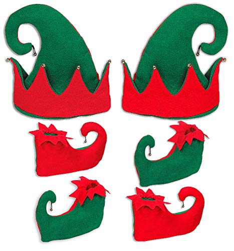 Product Cover Christmas Santa Elf Shoes & Hat Costume Accessories Set, Red and Green, 2 Hats 4 Shoes, By 4E's Novelty