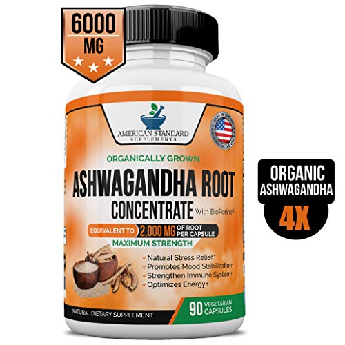 Product Cover Ashwagandha Organic - 6000mg per Serving - 2000 mg per Capsule - 90 Veggie Capsule - with BioPerine - Black Pepper Extract for Natural Stress Relief, Anxiety Relief, Adrenal Support