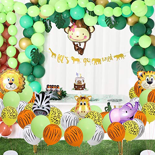 Product Cover 148 Pack Jungle Safari Theme Party Decorations Set：148 latex balloons, 12 Green Palm Leaves, 1 banner 4 cake topper 16 feets Arch Balloon strip tape, 1 Balloon tying tools Safri party Supplies Favors for Kids Boys Birthday Baby Shower Dec