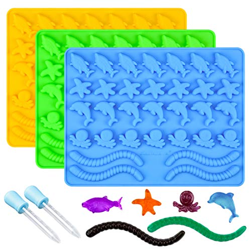 Product Cover Gummy Molds Hard Candy Molds - Candy Molds Silicone Including Worms, Starfishs, Dolphins, Octopus, Sharks Sea Mold BPA Free, Pinch Test Approved Pack of 3 Ocean Molds