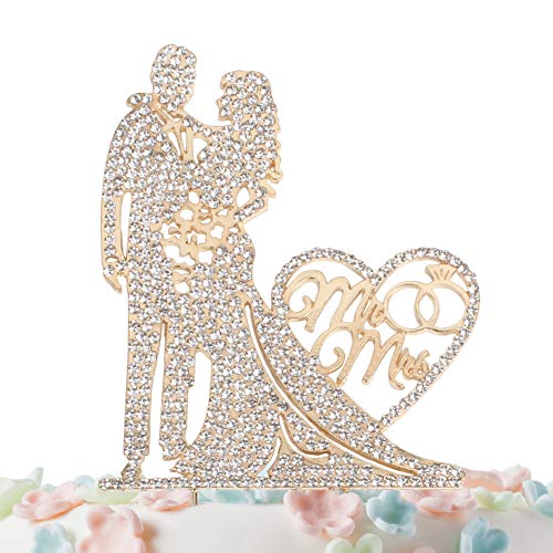 Product Cover Mr and Mrs Cake Topper Rhinestone Crystal Metal Love Wedding Cake Topper Funny Bride and Groom Cake Topper Gold