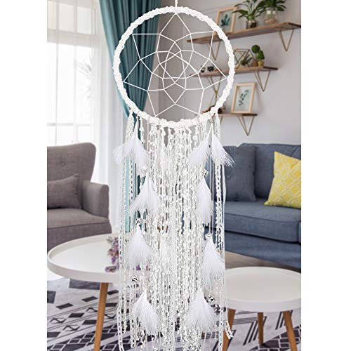 Product Cover Extra Large Dream Catcher Kids Wall Hanging Decoration Handmade White Feather Boho Big Dreamcatchers with Bells Wedding Dream Catchers Bedroom Craft Ornament Gift (Dia 12