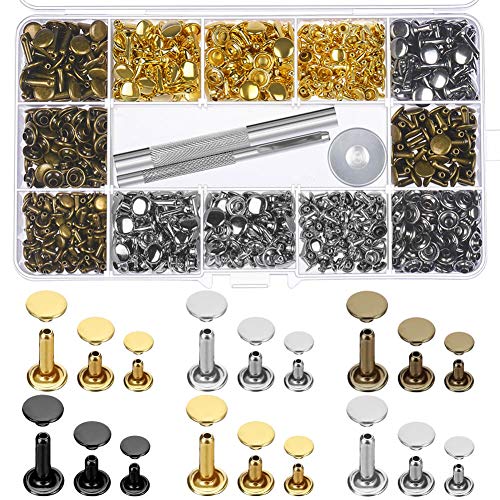 Product Cover Paxcoo 480 Sets 3 Sizes Leather Rivets Double Cap Rivet Tubular Metal Studs with 3 Pieces Setting Tool Kit for Leather Craft Repairs Decoration, 4 Colors