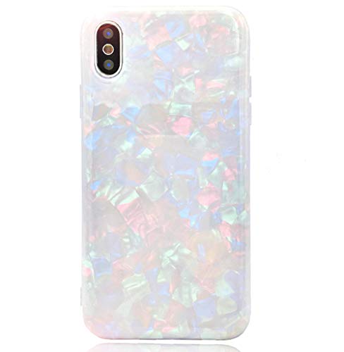 Product Cover HUIYCUU Case Compatible with iPhone Xs Max Case, Glitter Sea Shell Pearl Design Shockproof TPU Soft Matte Cover for Girls Colorful Floral Bumper Skin Back Glossy Case for iPhone X Max Plus,White