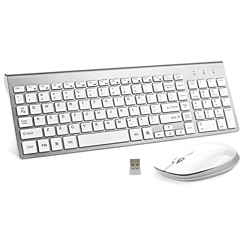 Product Cover Wireless Keyboard and Mouse, FENIFOX USB Full Size Quiet Compact Compatible with iMac Mac PC Laptop Tablet Computer Windows (Silver White)