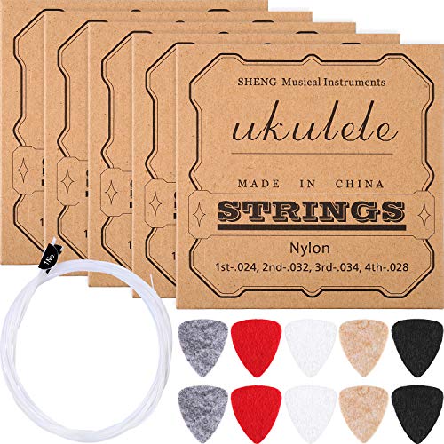 Product Cover Nylon Ukulele Strings with Felt Ukulele Picks for Soprano (21 Inch)/ Concert (23 Inch)/ Tenor (26 Inch) Ukulele (5 Sets String, 10 Felt Picks)