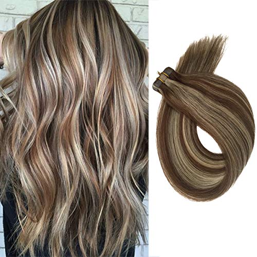 Product Cover Short Straight Tape Hair Extensions Brown to Blonde Lowlights 30grams 20pcs Skin Weft Heat Resistant Real Human Hair Tape in Extensions Blonde Mixed(H#4/613, 16inches)