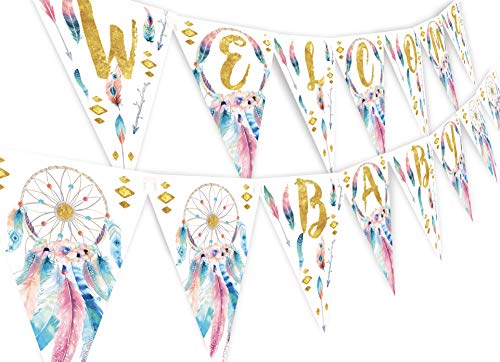 Product Cover Boho Welcome Baby Banner Pennant - Wild One Shower Banner - Boho Shower Decorations - Boho Shower Supplies - Welcome Baby Banner