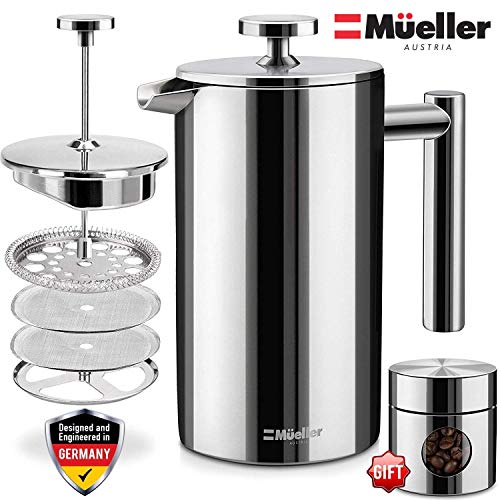 Product Cover Mueller French Press 20% Heavier Duty Double Insulated 310 Stainless Steel Coffee Maker Multi-Screen System 100% No Coffee Grounds Guarantee, Rust-Free, Dishwasher Safe