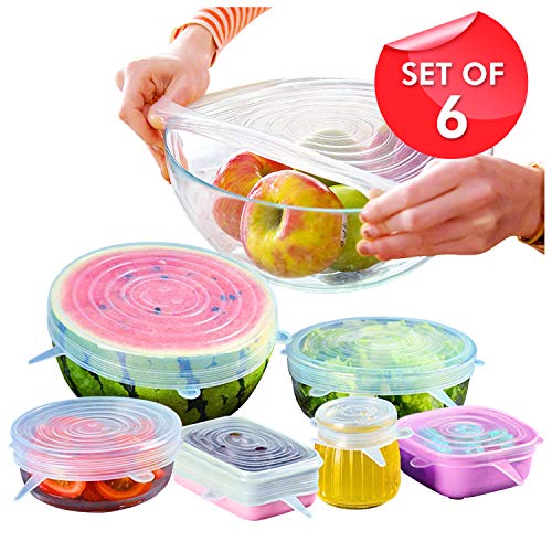 Product Cover Orblue Silicone Stretch Lids, 6-Pack of Various Sizes Reusable Silicone Lids for Different Shapes of Containers - Eco-Friendly, Dishwasher Safe - BPA-free and Leak-proof (Clear)