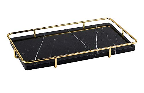 Product Cover PuTwo Decorative Tray Black Marble Tray with Polished Gold Metal Handles Jewelry Tray Handmade Catchall Vanity Tray for Dresser Bathroom Vanity Table Bar Ideal Gift for Birthday Christmas - Black