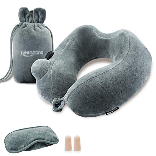Product Cover Keenstone Inflatable Travel Pillow, Neck Support Pillow, Luxuriously Soft Velvet Pillow Washable Cover with Eye Mask, Ear Plugs & and Drawstring Bag Ergonomic U - Shape for Airplane, Bus, Train