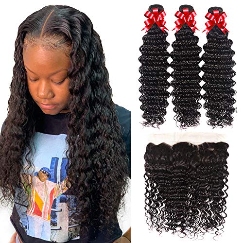 Product Cover 9A Deep Wave 3 Bundles with Frontal (20 22 24+18) Brazilian Virgin Human Hair Bundles Deep Curly Ear to Ear Lace Frontal with Bundles100% Unprocessed Human Hair Extensions Natural Color Free Part